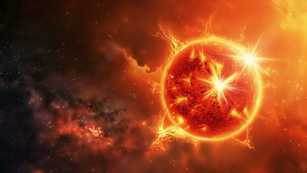 Cool HD space background with a detailed view of a red dwarf star with its intense solar flares against the backdrop of space.