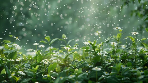 Cool Nature Desktop Background with spring rain shower with raindrops falling on flowers and leaves.