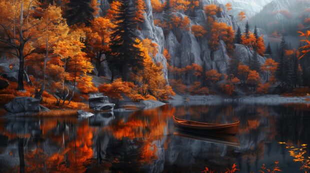 Cool Nature background with a lake reflecting the fall foliage, with a small boat anchored by the shore.