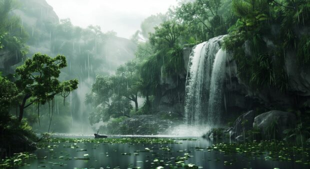 Cool Nature desktop background with a tranquil waterfall hidden in a lush green jungle.