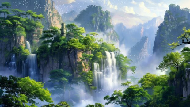 Cool PC HD Wallpaper with majestic cliffs with a waterfall, lush greenery, mist rising.