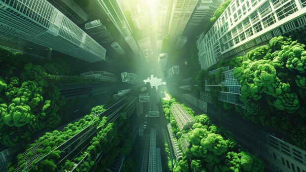 Cool PC Wallpaper features urban jungle with skyscrapers intertwined with greenery.