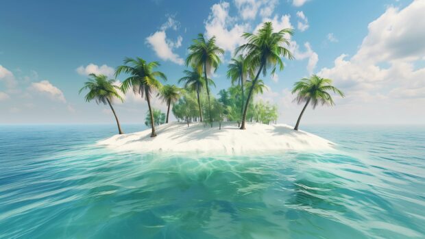 Cool PC desktop wallpaper with tropical island with palm trees, white sand beach, turquoise water.