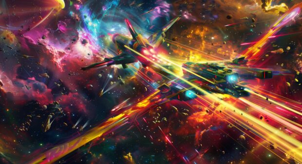 Cool Space HD wallpaper with a dynamic space battle scene with spaceships and laser beams in bright, neon colors, set against a backdrop of colorful nebulae.