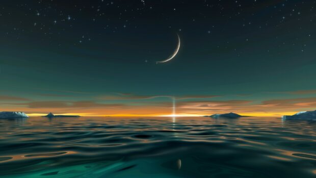 Cool Space background with a serene depiction of a crescent moon above an alien ocean, with stars reflecting on the water's surface.