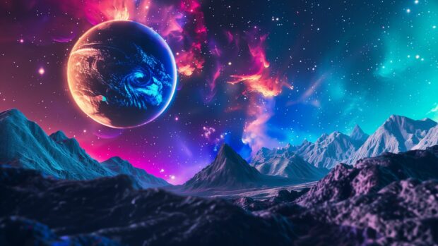 Cool Space desktop wallpaper with a mesmerizing depiction of the aurora borealis stretching across the sky of an alien planet, with colorful lights and stars.