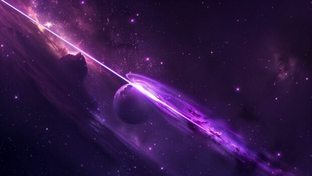 Cool Space wallpaper with a close up image of a purple comet streaking across space, its glowing tail illuminating the surrounding stars.