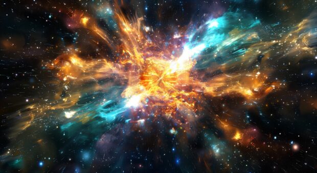 Cool Space wallpaper with a detailed view of a rainbow colored supernova explosion, with radiant hues spreading across the cosmos and illuminating the stars.