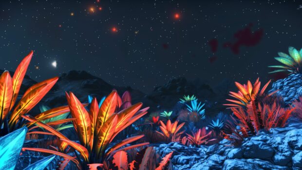 Cool Space wallpaper with a detailed view of an alien landscape with colorful bioluminescent plants and a vivid, starry sky above.