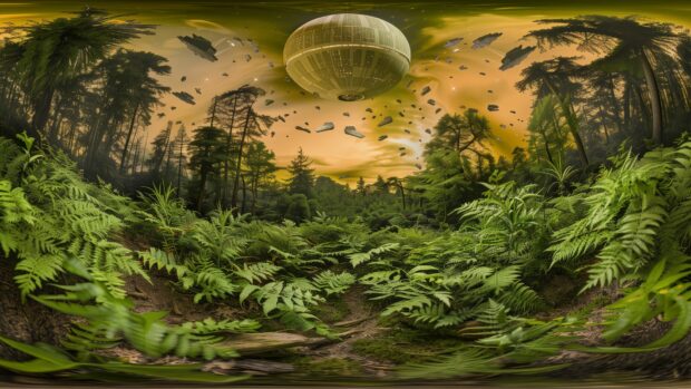 Cool Star Wars Space wallpaper with a panoramic view of the forest moon of Endor, with the Death Star looming in the sky and Imperial shuttles flying above.