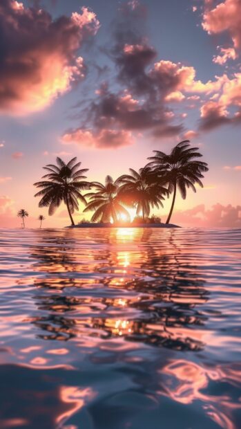 Cool Sunset over a tropical island, palm trees swaying in the breeze.