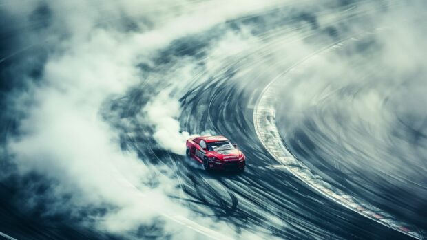 Cool car drifting on a race track with smoke and tire marks.