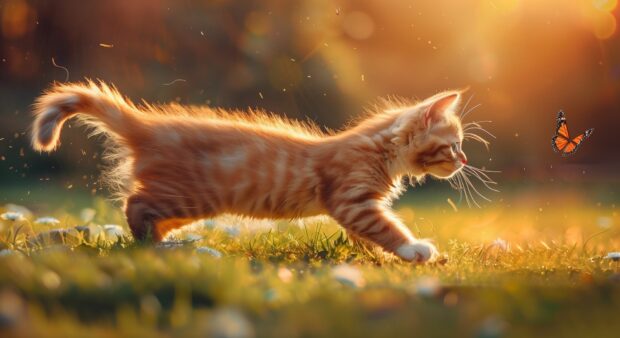 Cool cat desktop wallpaper with a playful kitten chasing a butterfly in a sunny garden.
