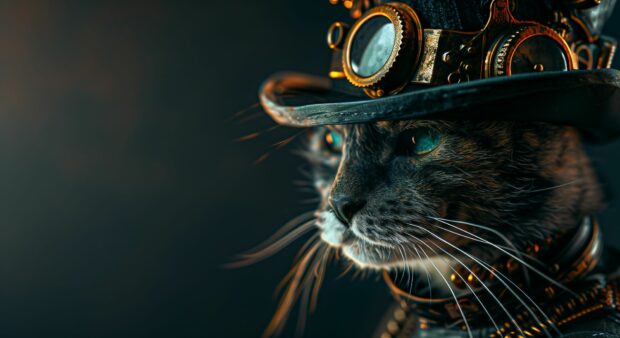 Cool digital art of a steampunk cat with mechanical parts and a top hat.