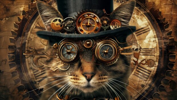 Cool digital art of a steampunk cat with mechanical parts and a top hat.