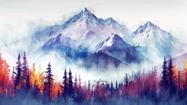 Cool image for desktop wallpaper with a majestic mountain landscape in fall, with colorful trees and misty peaks.