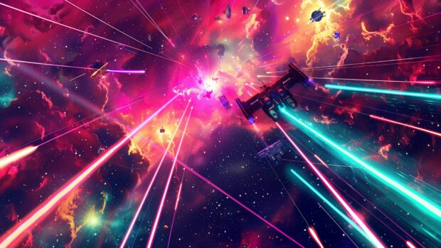 Cool image for wallpaper HD with a dynamic space battle scene with spaceships and laser beams in bright, neon colors, set against a backdrop of colorful nebulae.