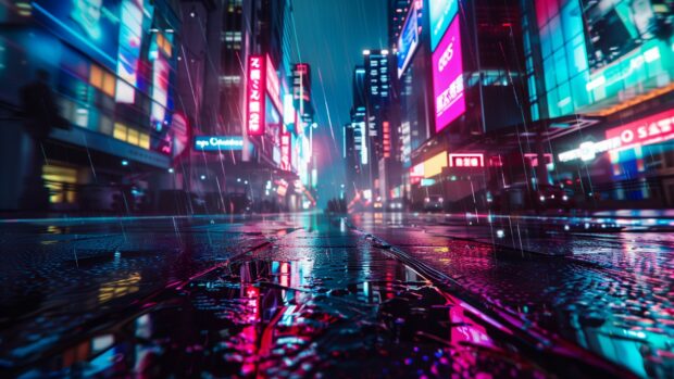Cool image for wallpaper with a cool futuristic cityscape at night, with neon lights reflecting off wet pavement.