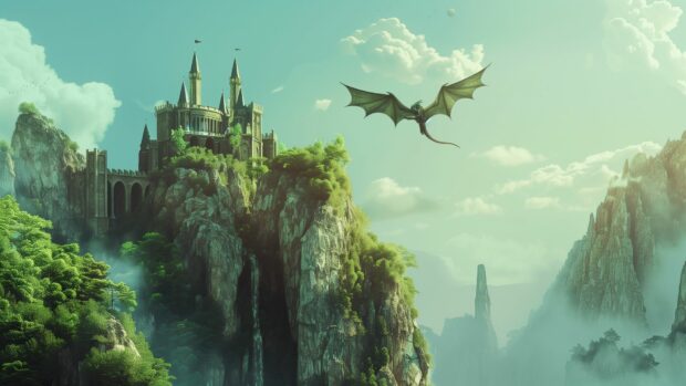 Cool laptop wallpaper HD with fantasy castle on a cliff with a cool dragon flying overhead.