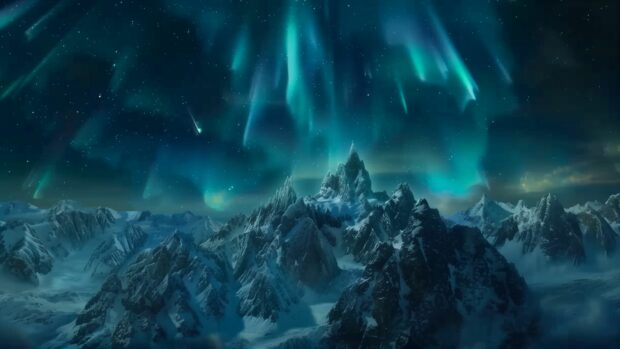 Cool northern lights dancing across a starry sky over snowy mountains, Nature Background.