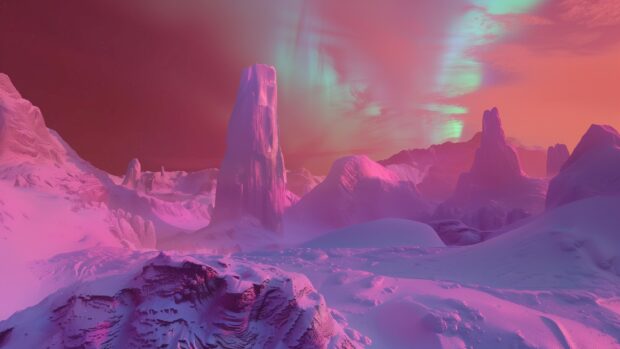 Cool space HD background with a beautiful aurora borealis on a distant icy planet, illuminating the alien sky with vibrant colors.