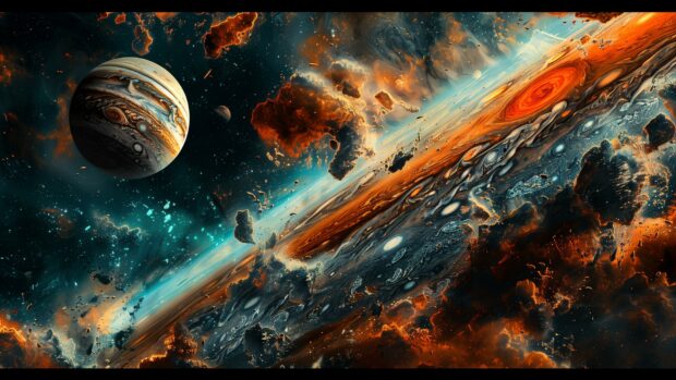 Cool space desktop background with a detailed view of Jupiter's Great Red Spot and its turbulent atmosphere.