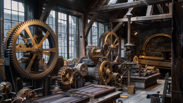 Cool steampunk workshop with brass gears and vintage machinery.
