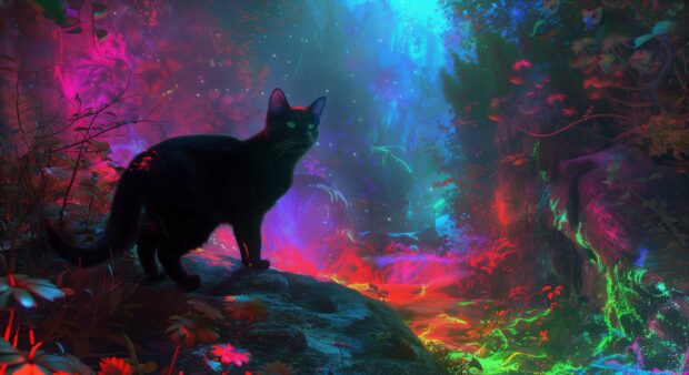 Cool wallpaper of a cat exploring a mystical forest with glowing plants and flowers.