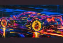 Cool Sports car oil painting with neon lights.