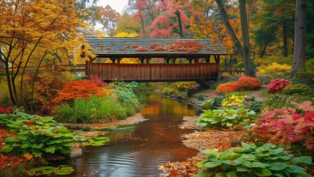 Country Background 4K for Desktop Wallpaper with a traditional covered bridge spanning a tranquil stream surrounded by colorful fall foliage.