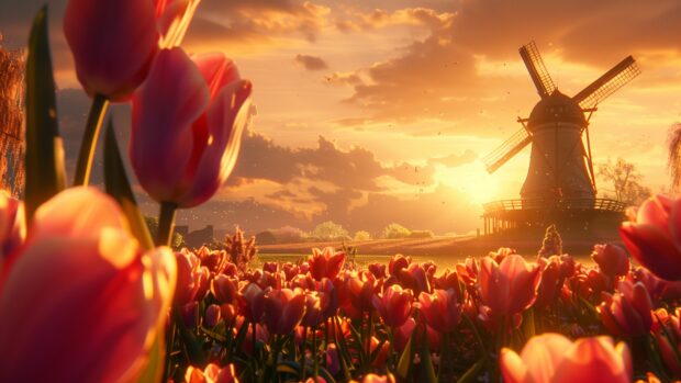 Country Background 4K with a historic windmill in a picturesque countryside setting with vibrant tulip fields in bloom.