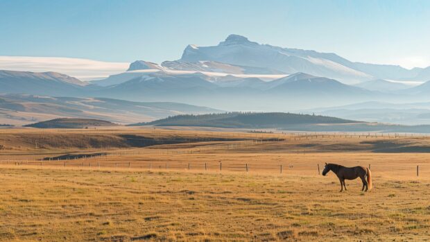 Country Background HD with a peaceful pasture with grazing horses and a distant mountain range bathed in soft morning light.