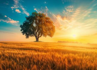 Country Background captures the sunrise over a golden wheat field with a lone tree standing against the morning sky.