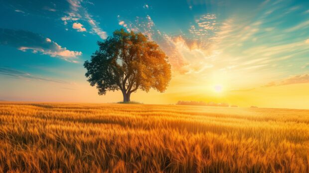Country Background captures the sunrise over a golden wheat field with a lone tree standing against the morning sky.
