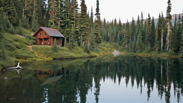 Country Background for Desktop with a rustic cabin nestled among towering pine trees beside a tranquil lake reflecting the evening sky.
