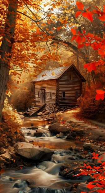 Country Background iPhone with a peaceful countryside scene with a wooden watermill beside a babbling brook and colorful autumn trees.