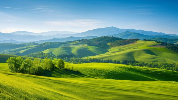 Country Background with a panoramic view of rolling green hills and meadows under a clear blue sky.