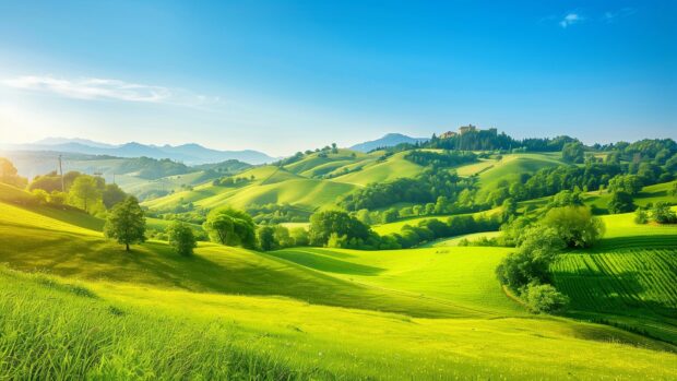 Country Desktop 1080p Wallpaper with a panoramic view of rolling green hills and meadows under a clear blue sky.