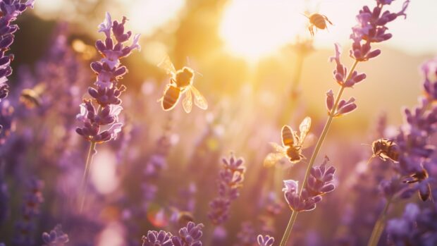 Country Desktop Background with A field of lavender in bloom with bees buzzing around under a purple sunset sky.