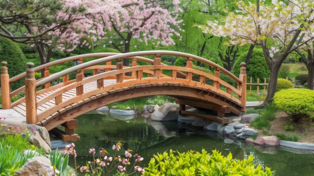 Country Desktop Background with a traditional Japanese cherry blossom garden in full bloom with a wooden bridge over a tranquil pond.