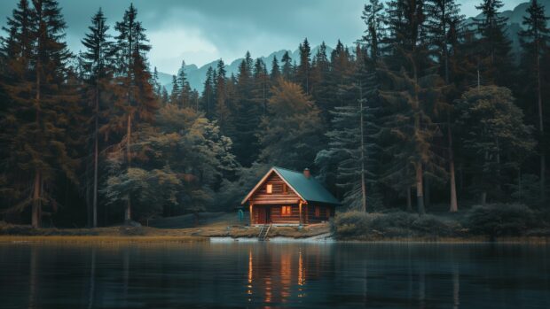 Country Desktop Wallpaper 4K with a rustic cabin nestled among towering pine trees beside a tranquil lake reflecting the evening sky.