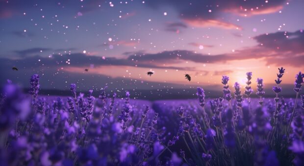 Country Desktop Wallpaper with a field of lavender in bloom with bees buzzing around under a purple sunset sky.