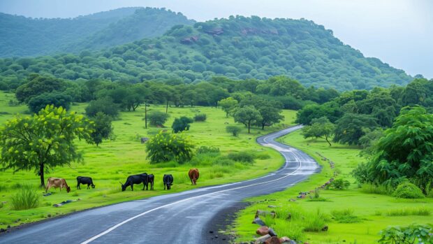 Country Desktop Wallpapers 4K with a scenic drive through a lush green valley with cattle grazing peacefully beside the road.