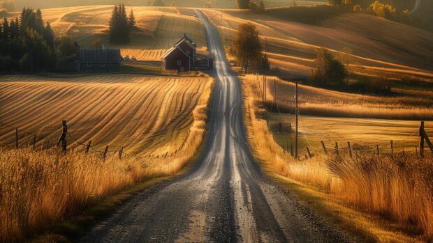 Country Wallpaper 4K with a peaceful rural road with golden fields on either side and a lone farmhouse in the distance.