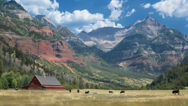 Country Wallpaper 4K with a traditional red barn nestled in a valley with grazing cows and a backdrop of distant mountains.