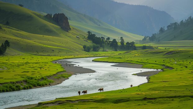 Country Wallpaper Desktop 4K with a serene river winding through a lush green valley with cattle grazing peacefully along its banks.