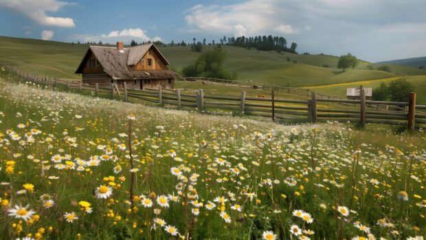 Country Wallpaper HD with a quaint country farmhouse surrounded by blooming wildflowers and a rustic wooden fence.