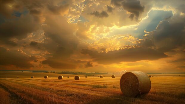 Country Wallpaper for Desktop with a rural landscape with golden hay bales scattered across a vast field under a dramatic sky.