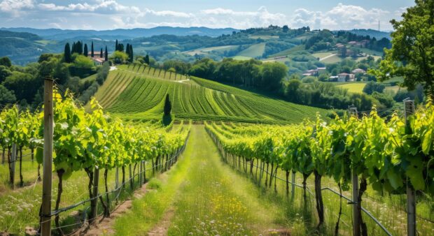 Country Wallpaper with a tranquil vineyard with rows of grapevines stretching towards the horizon under a clear sky.