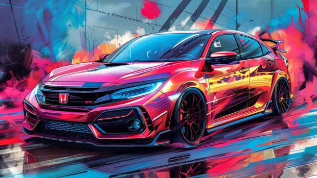 Cover Full Color Honda Civic 2024 tuner art line drawing cool car desktop wallpaper.